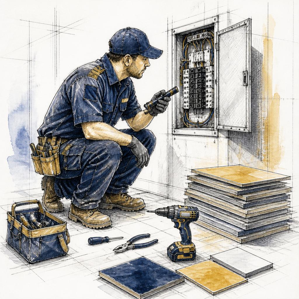 Technician inspecting an electrical panel in a facility