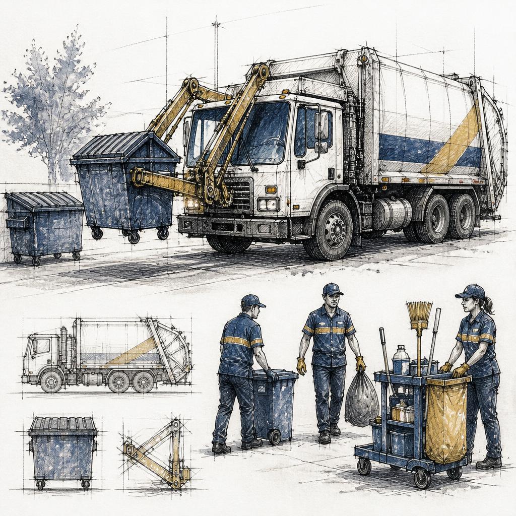 Waste management truck and cleaning team at a facility